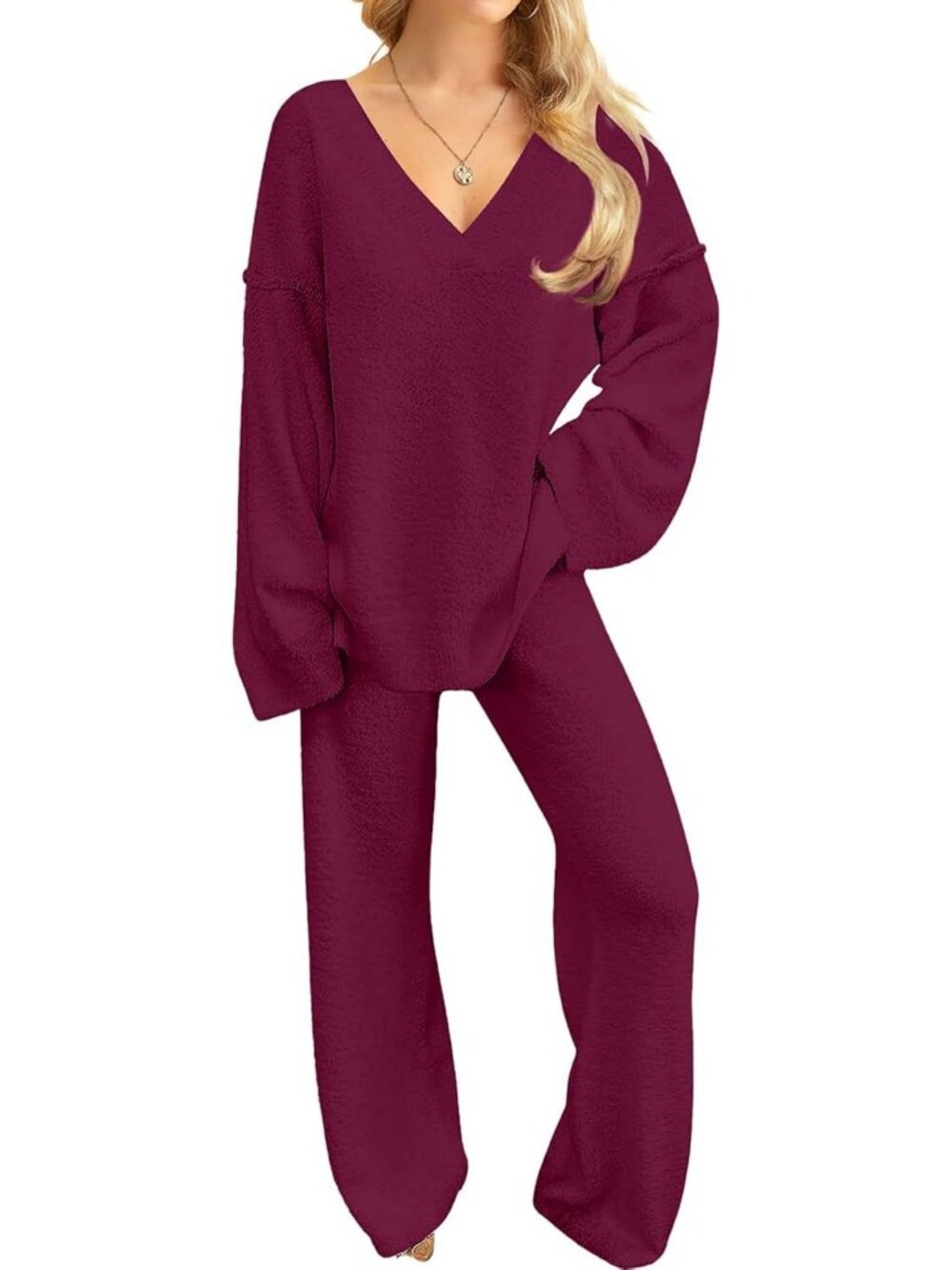 Cozy Fuzzy Fleece 2-Piece Lounge Set | Long Sleeve V-Neck Pajama PJs
